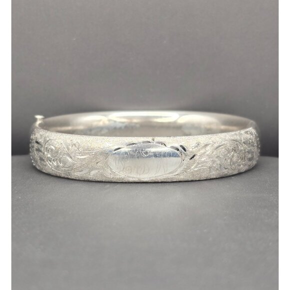 Carl-Art Jewelry - VTG Carl-Art Sterling Silver Hinged Bangle 7.25" Engraved 'LJW' Puffy Style 40s